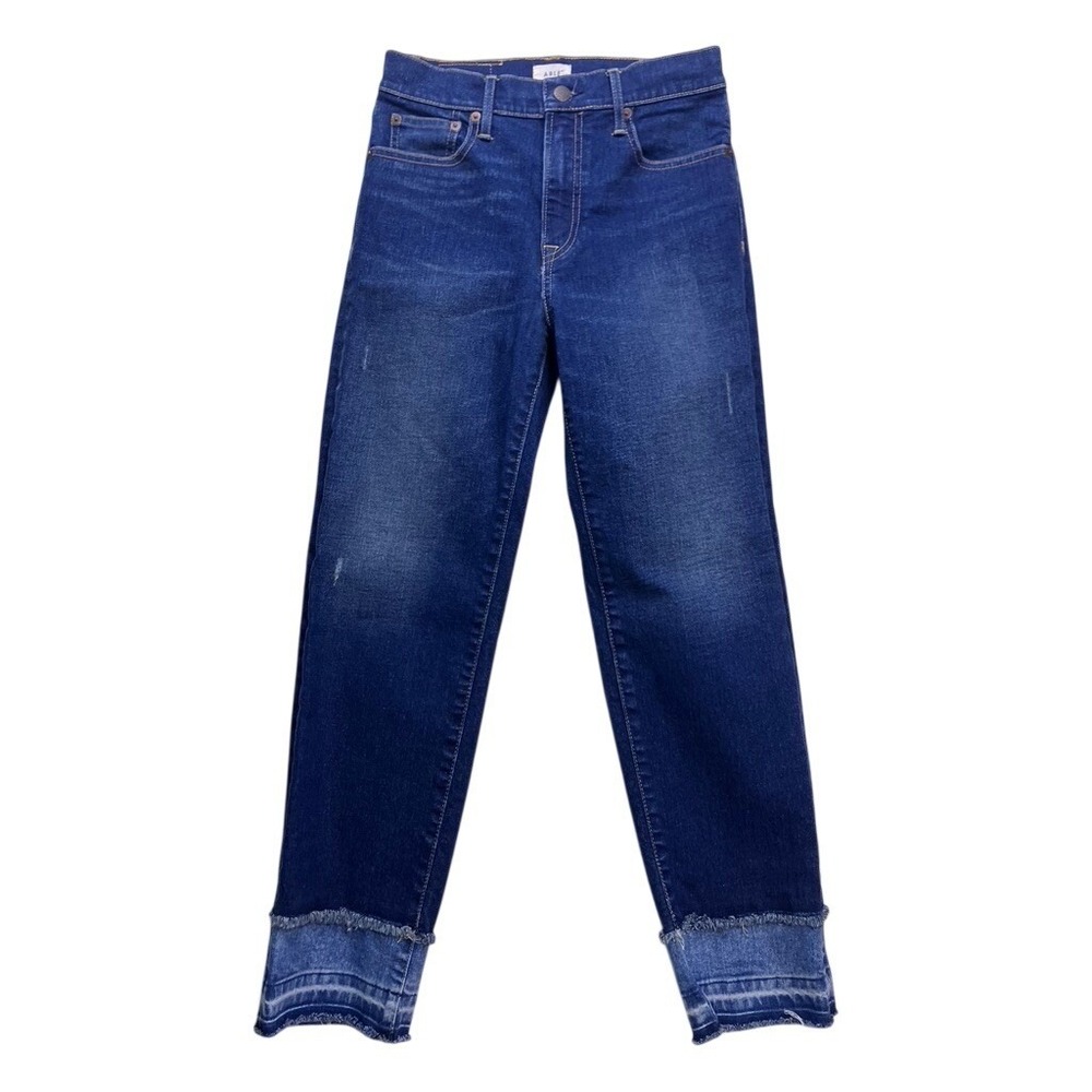 ABLE The Skinny Straight Jeans Womens 26 Blue Raw Hem Distressed Denim